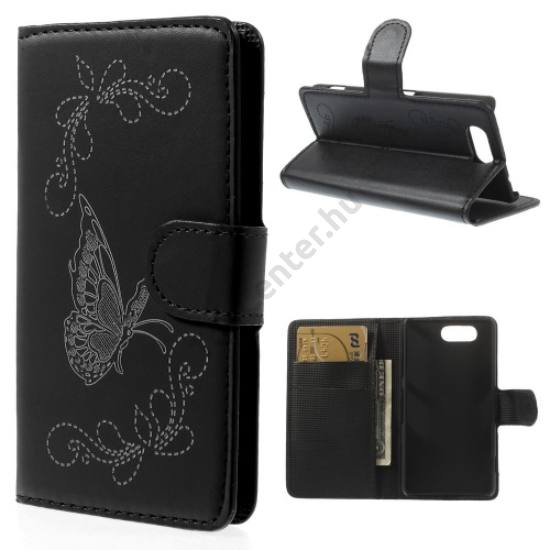 Sony Xperia Z3 Compact (D5803) Tok álló, bőr (FLIP, oldalra nyíló, bankkártya tartó, asztali tartó funkció, gravírozott, pillangó minta) FEKETE