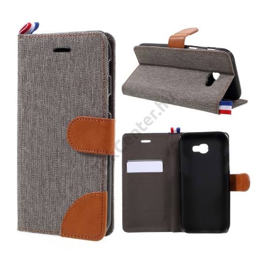 Samsung Galaxy A5 (2017) (SM-A520F) Tok álló, bőr (FLIP, oldalra nyíló, asztali tartó funkció, textil hatás) SZÜRKE/BARNA
