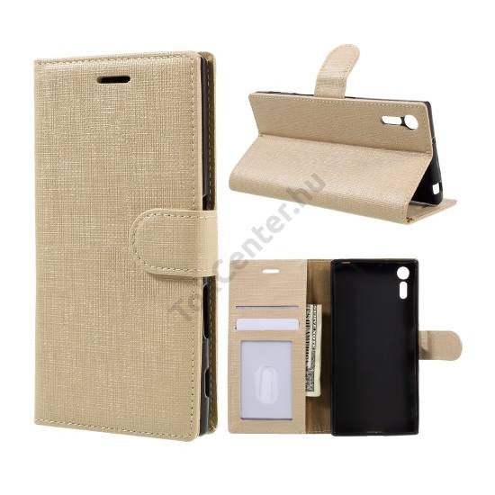 Sony Xperia XZ (F8331) Tok álló, bőr (FLIP, oldalra nyíló, asztali tartó funkció, textil hatás) ARANY