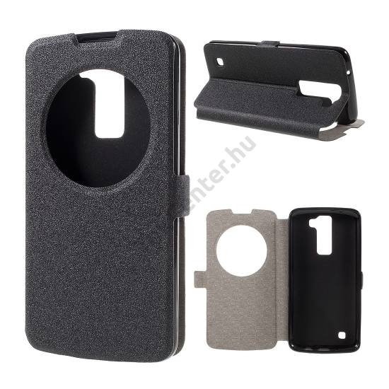 LG K8 (K350n) Tok álló, bőr (FLIP, oldalra nyíló, asztali tartó funkció, hívókijelzés, View Window, érdes felület) FEKETE