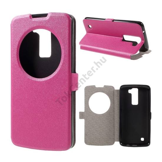 LG K8 (K350n) Tok álló, bőr (FLIP, oldalra nyíló, asztali tartó funkció, hívókijelzés, View Window, érdes felület) MAGENTA
