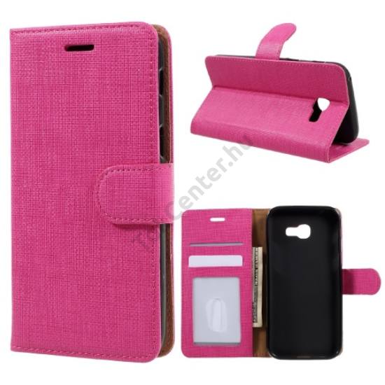 Samsung Galaxy A3 (2017) (SM-A320F) Tok álló, bőr (FLIP, mágneses, oldalra nyíló, asztali tartó funkció, textil hatás) MAGENTA