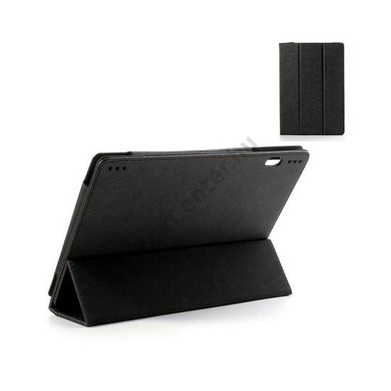 Lenovo IdeaTab S6000 / Vodafone Smart Tab III 10 Tok álló, bőr hatású (FLIP, oldalra nyíló, TRIFOLD asztali tartó funkció, textil minta) FEKETE