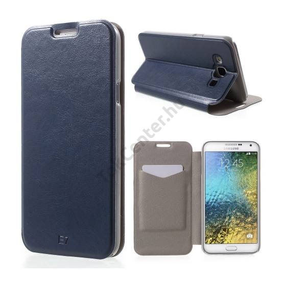 Samsung Galaxy E7 (SM-E700) Tok álló, bőr (FLIP, oldalra nyíló, bankkártya  tartó, asztali tartó funkció) SÖTÉTKÉK