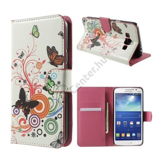 Samsung Galaxy Grand 3 (SM-G7200) Tok álló, bőr (FLIP, oldalra nyíló, asztali tartó funkció, pillangó, körminta) FEHÉR