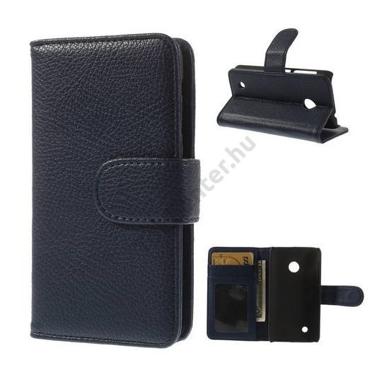 Nokia Lumia 530 Tok álló, bőr (FLIP, mágneses, oldalra nyíló, bankkártya tartó, fényképtartó, asztali tartó funkció) SÖTÉTKÉK