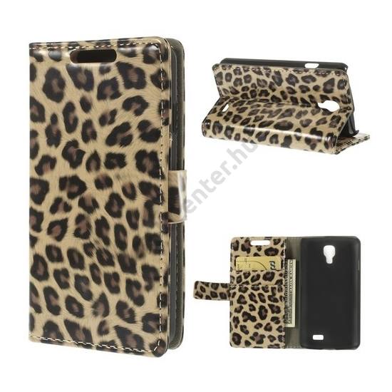 LG F70 (D315) Tok álló, bőr (FLIP, mágneses, oldalra nyíló, bankkártya  tartó, asztali tartó funkció) LEOPÁRDMINTÁS