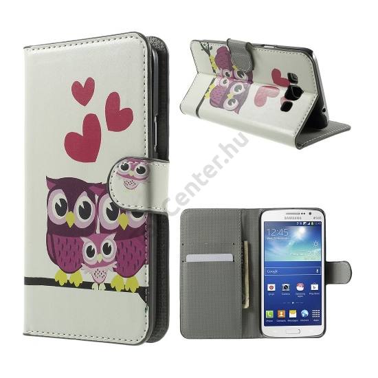 Samsung Galaxy Grand 3 (SM-G7200) Tok álló, bőr (FLIP, oldalra nyíló, asztali tartó funkció, szív, bagolyminta) FEHÉR