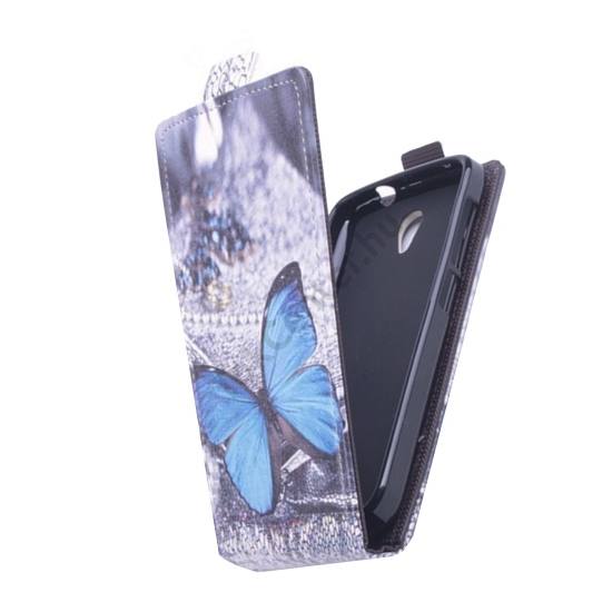 Alcatel Pop 2 4.5`` (OT-5042) Tok álló, bőr (FLIP, mágneses, kék pillangóminta) SZÜRKE