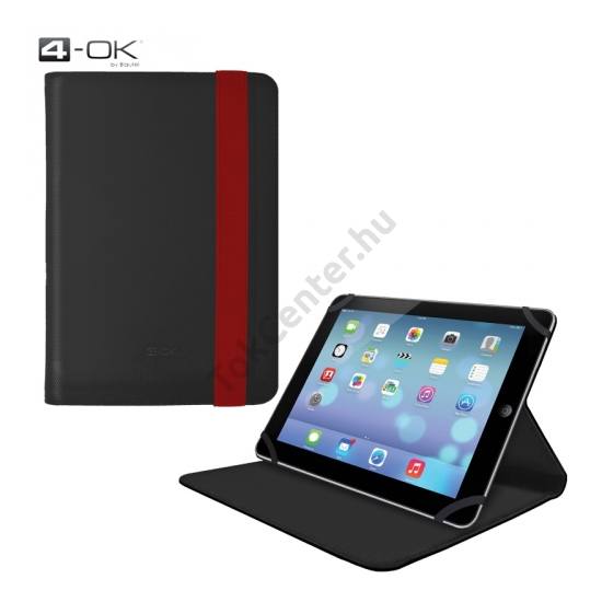 4-OK tok álló, bőr (FLIP, oldalra nyíló, asztali tartó funkció, gumi rögzítés, univerzális, 8'' méret) FEKETE