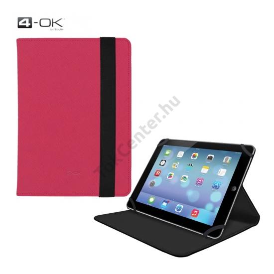 4-OK tok álló, bőr hatású (FLIP, oldalra nyíló, asztali tartó funkció, gumi rögzítés, univerzális, 8'' méret) RÓZSASZÍN