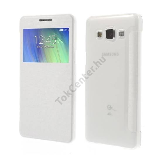 Samsung Galaxy A5 (SM-A500F) Műanyag telefonvédő (bőr flip, oldalra nyíló, View Window, szálcsiszolt mintázat) FEHÉR