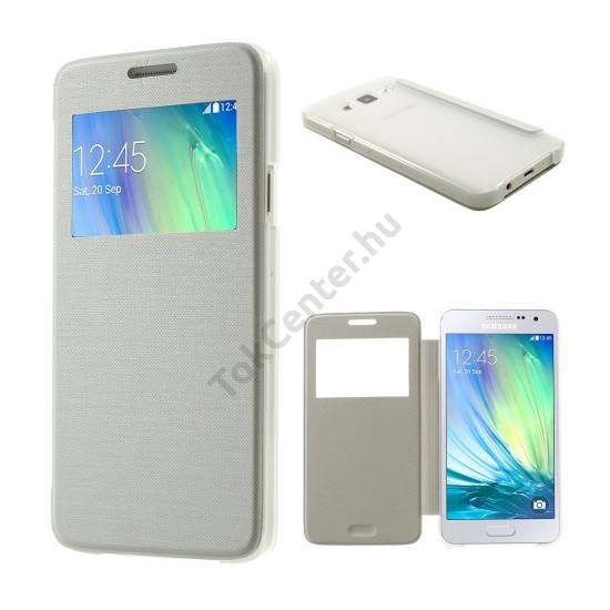Samsung Galaxy A3 (SM-A300F) Műanyag telefonvédő (bőr flip, oldalra nyíló, S-View cover, szálcsiszolt mintázat) FEHÉR