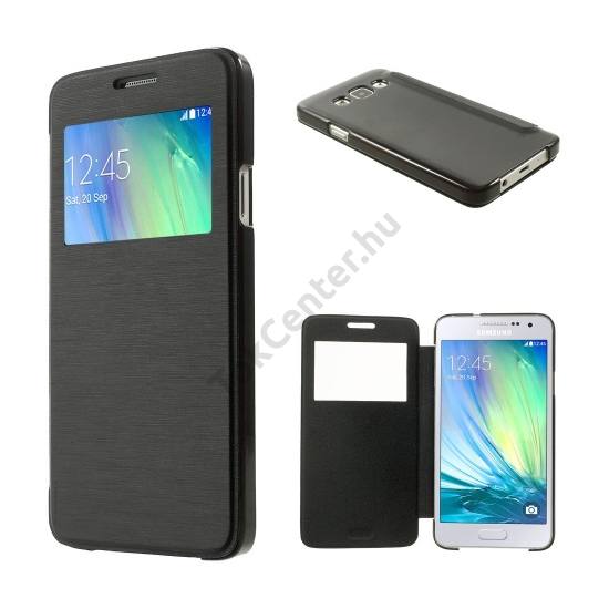 Samsung Galaxy A3 (SM-A300F) Műanyag telefonvédő (bőr flip, oldalra nyíló, S-View cover, szálcsiszolt mintázat) FEKETE