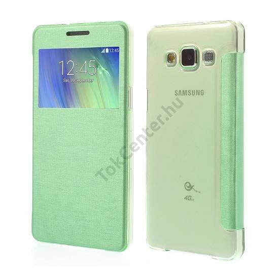 Samsung Galaxy A5 (SM-A500F) Műanyag telefonvédő (bőr flip, oldalra nyíló, View Window, szálcsiszolt mintázat) ZÖLD