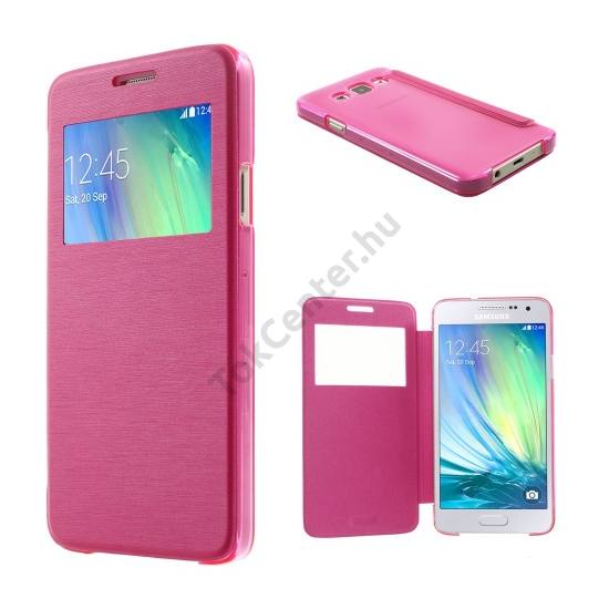 Samsung Galaxy A3 (SM-A300F) Műanyag telefonvédő (bőr flip, oldalra nyíló, S-View cover, szálcsiszolt mintázat) MAGENTA