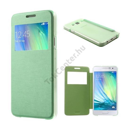 Samsung Galaxy A3 (SM-A300F) Műanyag telefonvédő (bőr flip, oldalra nyíló, S-View cover, szálcsiszolt mintázat) ZÖLD