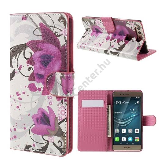 Huawei P9 Tok álló, bőr (FLIP, oldalra nyíló, asztali tartó funkció, lótuszvirág minta) FEHÉR