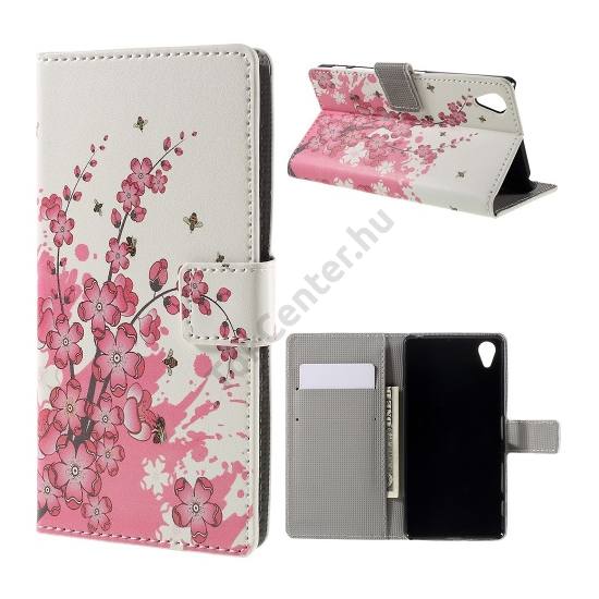 Sony Xperia X (F5121) Tok álló, bőr (FLIP, oldalra nyíló, asztali tartó funkció, virágminta) FEHÉR