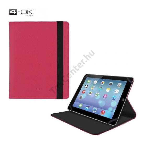 4-OK tok álló, bőr (FLIP, oldalra nyíló, asztali tartó funkció, gumi rögzítés, univerzális, 10.1'' méret) RÓZSASZÍN