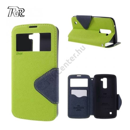 LG K10 (K420n) ROAR FANCY DIARY tok álló, bőr (FLIP, oldalra nyíló, asztali tartó funkció, View Window, textilminta) ZÖLD