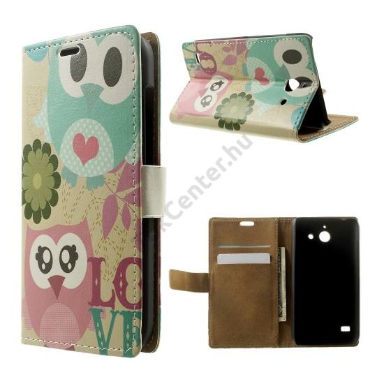 Huawei Ascend Y550 Tok álló, bőr (FLIP, mágneses, oldalra nyíló, bankkártya tartó, asztali tartó funkció, színes bagolyminta) BÉZS