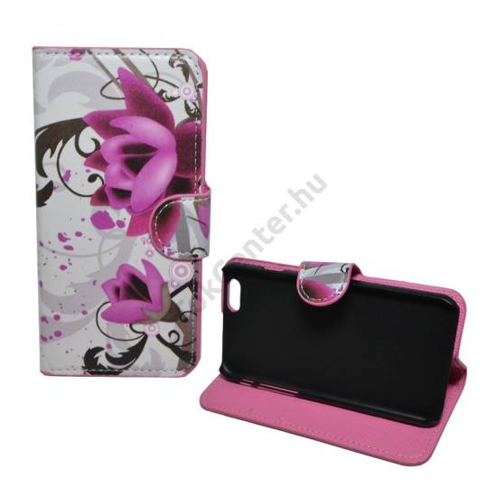 Apple iPhone 6 4.7`` Tok álló, bőr (FLIP, mágneses, oldalra nyíló, bankkártya  tartó, asztali tartó funkció, lótuszvirág minta) FEHÉR