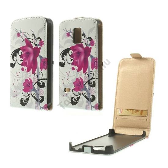 Samsung Galaxy S V. mini (SM-G800) Tok álló, bőr (FLIP, mágneses, lótuszvirág minta) FEHÉR