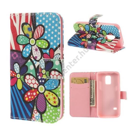 Samsung Galaxy S V. mini (SM-G800) Tok álló, bőr (FLIP, mágneses, oldalra nyíló, bankkártya tartó, asztali tartó funkció, virágminta) SZÍNES