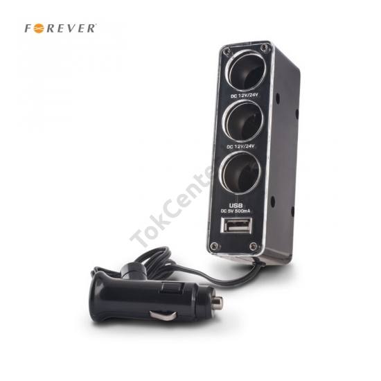 Szivargyújtó adapter (elosztó) 3in1 + USB csatlakozás (szivar: 12V / 800 mA, USB: 5V / 500 mA) FEKETE