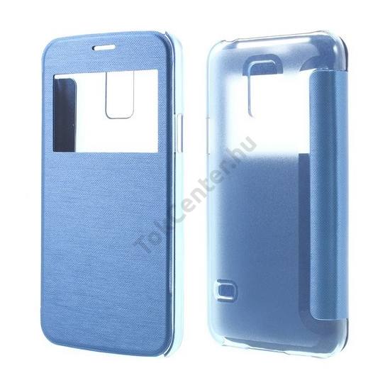 Samsung Galaxy S V. mini (SM-G800) Műanyag telefonvédő (bőr flip, oldalra nyíló, átlátszó hátlap, S-View Cover) VILÁGOSKÉK