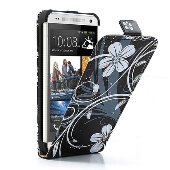 HTC One Mini (M4) Tok álló, bőr (FLIP, mágneses, fehér virágminta) FEKETE