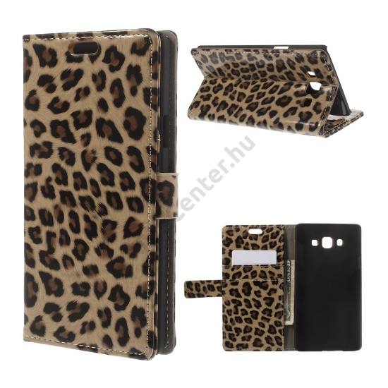 Samsung Galaxy A7 (SM-A700F) Tok álló, bőr (FLIP, mágneses, oldalra nyíló, bankkártya tartó, asztali tartó funkció) LEOPÁRDMINTA