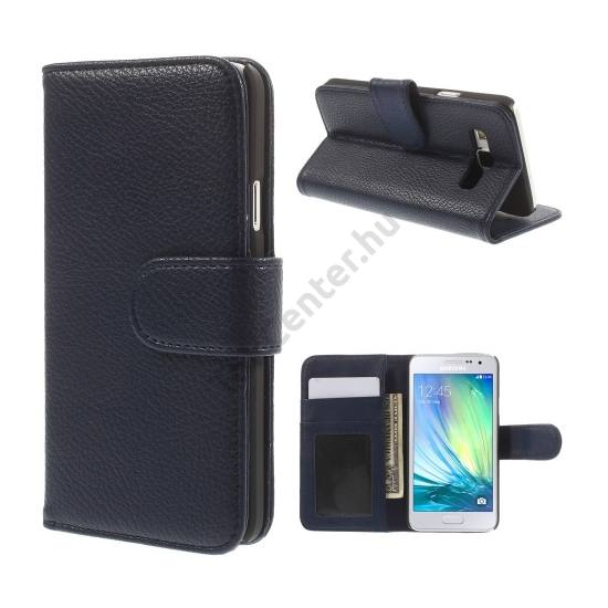 Samsung Galaxy A3 (SM-A300F) Tok álló, bőr (FLIP, mágneses, oldalra nyíló, bankkártya tartó, fényképtartó, asztali tartó funkció) SÖTÉTKÉK
