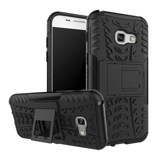 Samsung Galaxy A3 (2017) (SM-A320F) Defender műanyag telefonvédő (közepesen ütésálló, gumi / szilikon belső, kitámasztó, autógumi minta) FEKETE