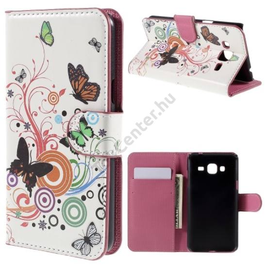 Samsung Galaxy J3 (SM-J300) Tok álló, bőr (FLIP, mágneses, bankkártya tartó, kör, virágminta) FEHÉR