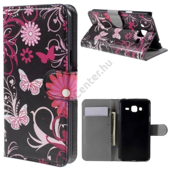 Samsung Galaxy J3 (SM-J300) Tok álló, bőr (FLIP, mágneses, bankkártya tartó, pillangó, virágminta) FEKETE