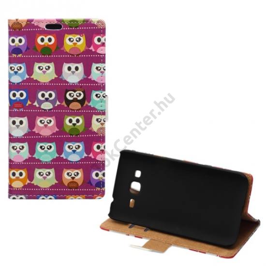 Samsung Galaxy J3 (SM-J300) Tok álló, bőr (FLIP, mágneses, oldalra nyíló, asztali tartó funkció, színes bagolyminta) RÓZSASZÍN