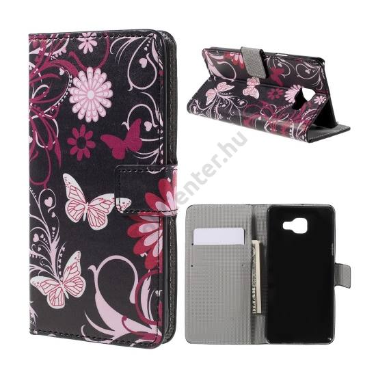 Samsung Galaxy A5 (2016) (SM-A510F) Tok álló, bőr (FLIP, oldalra nyíló, asztali tartó funkció, pillangó, virágminta) FEKETE