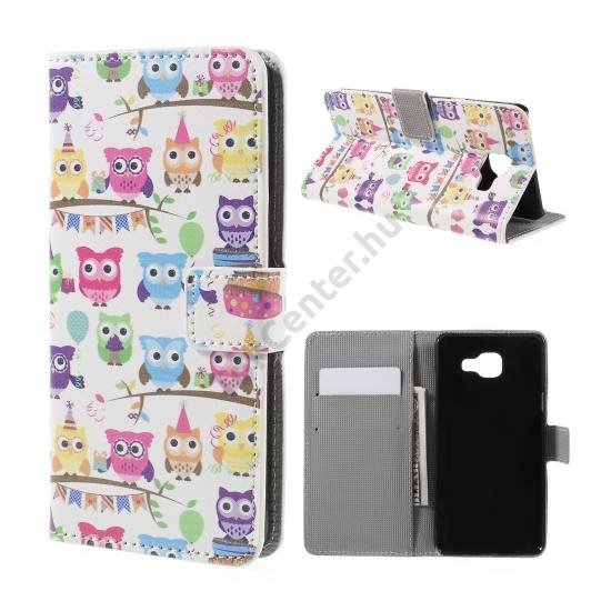 Samsung Galaxy A5 (2016) (SM-A510F) Tok álló, bőr (FLIP, oldalra nyíló, asztali tartó funkció, színes bagolyminta) FEHÉR