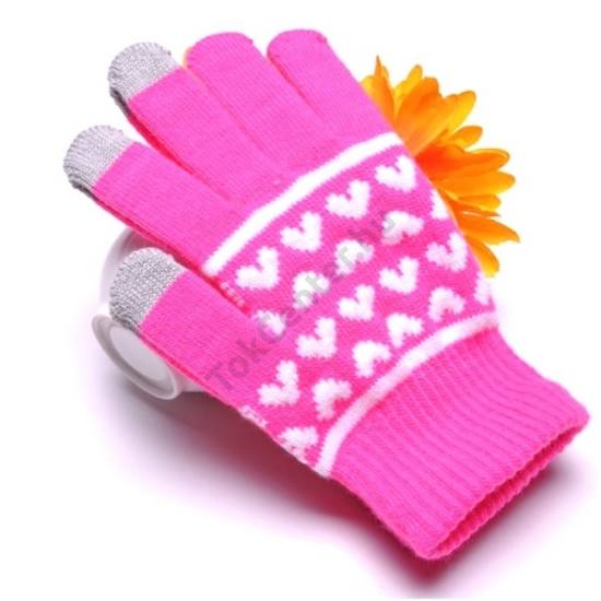 Érintő kesztyű (kapacitív kijelzőhöz, szív mintás) RÓZSASZÍN