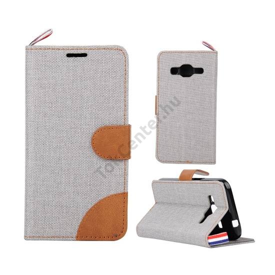 Samsung Galaxy Core Prime (SM-G360) Tok álló, textil (FLIP, mágneses, oldalra nyíló, asztali tartó funkció) SZÜRKE/BARNA