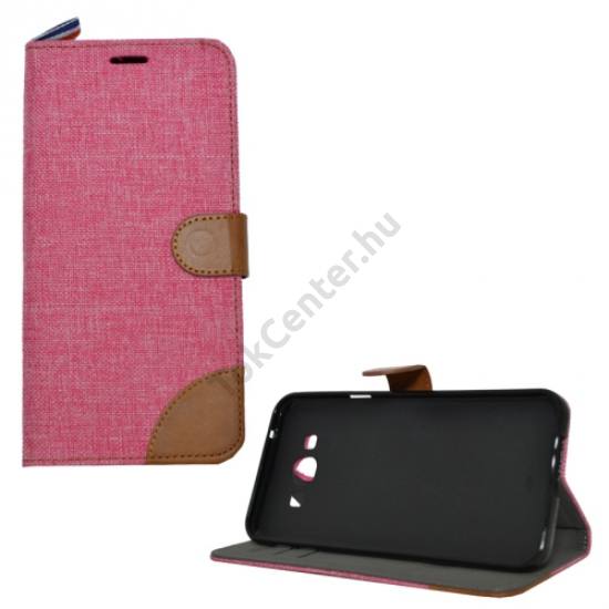 Samsung Galaxy A8 (SM-A800F) Tok álló, textil (FLIP, mágneses, oldalra nyíló, asztali tartó funkció) RÓZSASZÍN/BARNA