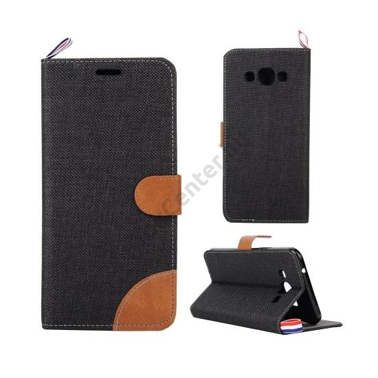 Samsung Galaxy A8 (SM-A800F) Tok álló, textil (FLIP, mágneses, oldalra nyíló, asztali tartó funkció) FEKETE/BARNA