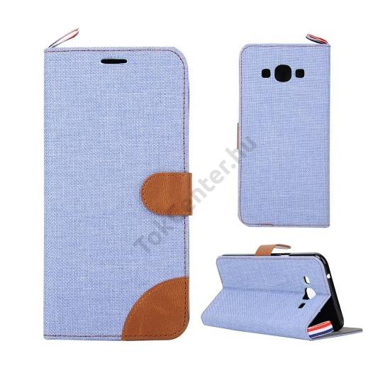 Samsung Galaxy A8 (SM-A800F) Tok álló, textil (FLIP, mágneses, oldalra nyíló, asztali tartó funkció) VILÁGOSKÉK/BARNA