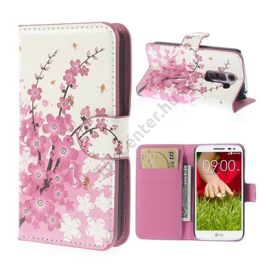 LG G2 mini (D620) Tok álló, bőr (FLIP, oldalra nyíló, bankkártya tartó, asztali tartó funkció, virágminta) FEHÉR
