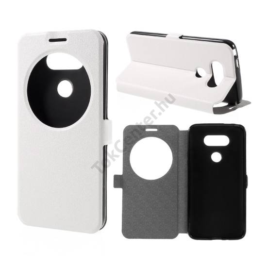 LG G5 (H850) Tok álló, bőr (FLIP, oldalra nyíló, asztali tartó funkció, hívókijelzés, View Window, érdes felület) FEHÉR