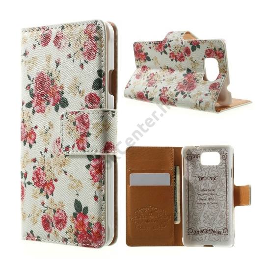 Samsung Galaxy Alpha (SM-G850) Tok álló, bőr (FLIP, mágneses, oldalra nyíló, bankkártya tartó, asztali tartó funkció, rózsaminta) FEHÉR