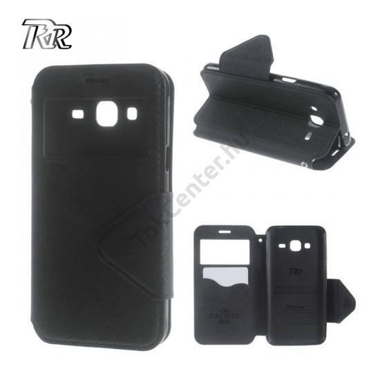 Samsung Galaxy J3 (2016) (SM-J320) ROAR FANCY DIARY tok álló, bőr (FLIP, oldalra nyíló, asztali tartó funkció, View Window, textilminta) FEKETE