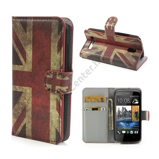 HTC Desire 500 Tok álló, bőr (FLIP, mágneses, oldalra nyíló, bankkártya tartó, asztali tartó funkció, zászlóminta) BRIT/ANGOL